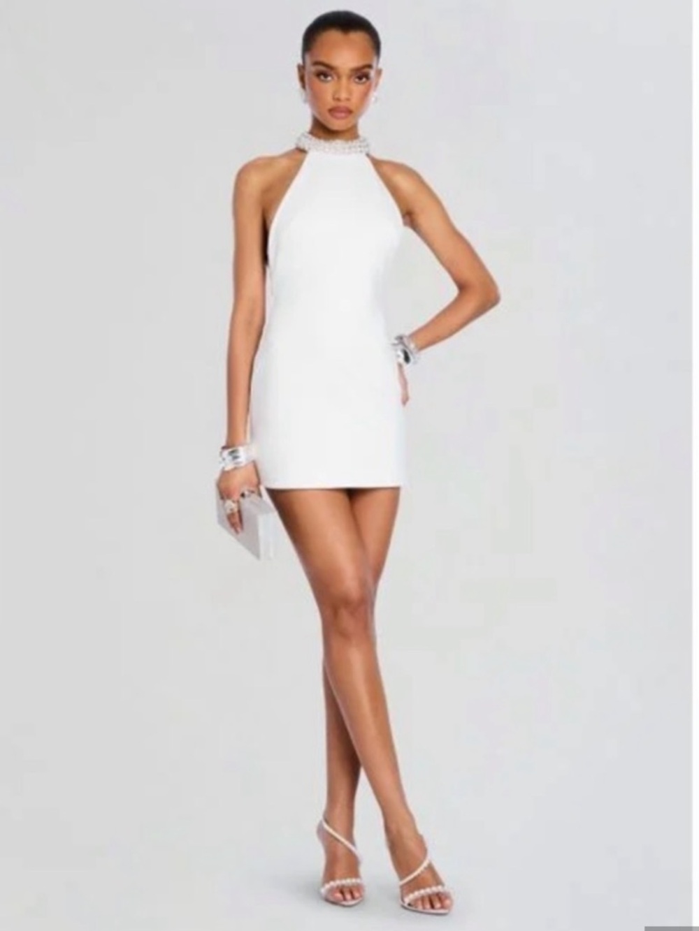 Retrofete Penelope White Halter Pearl Crystal Embellished Mini Dress Bridal XS - Picture 4 of 10